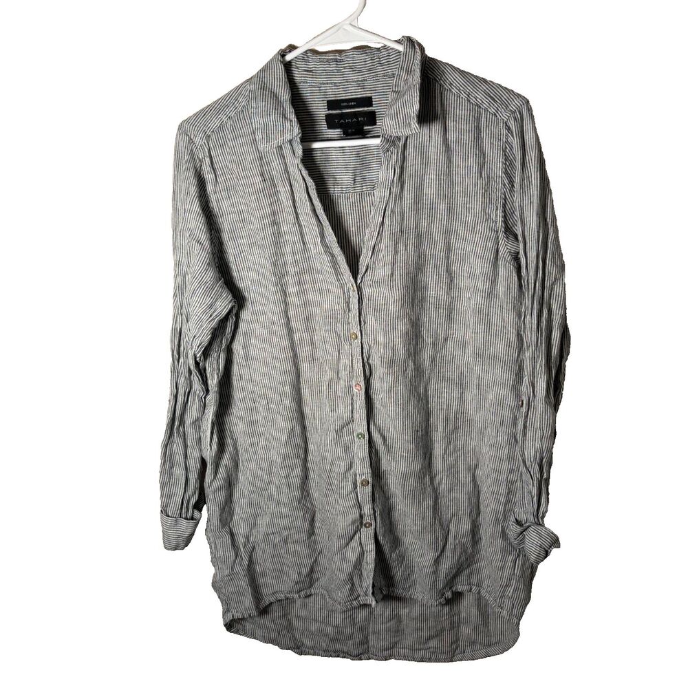 Tahari Shirt Women's Medium Button Up Collared 3/4 Sleeve 100% Linen Preppy